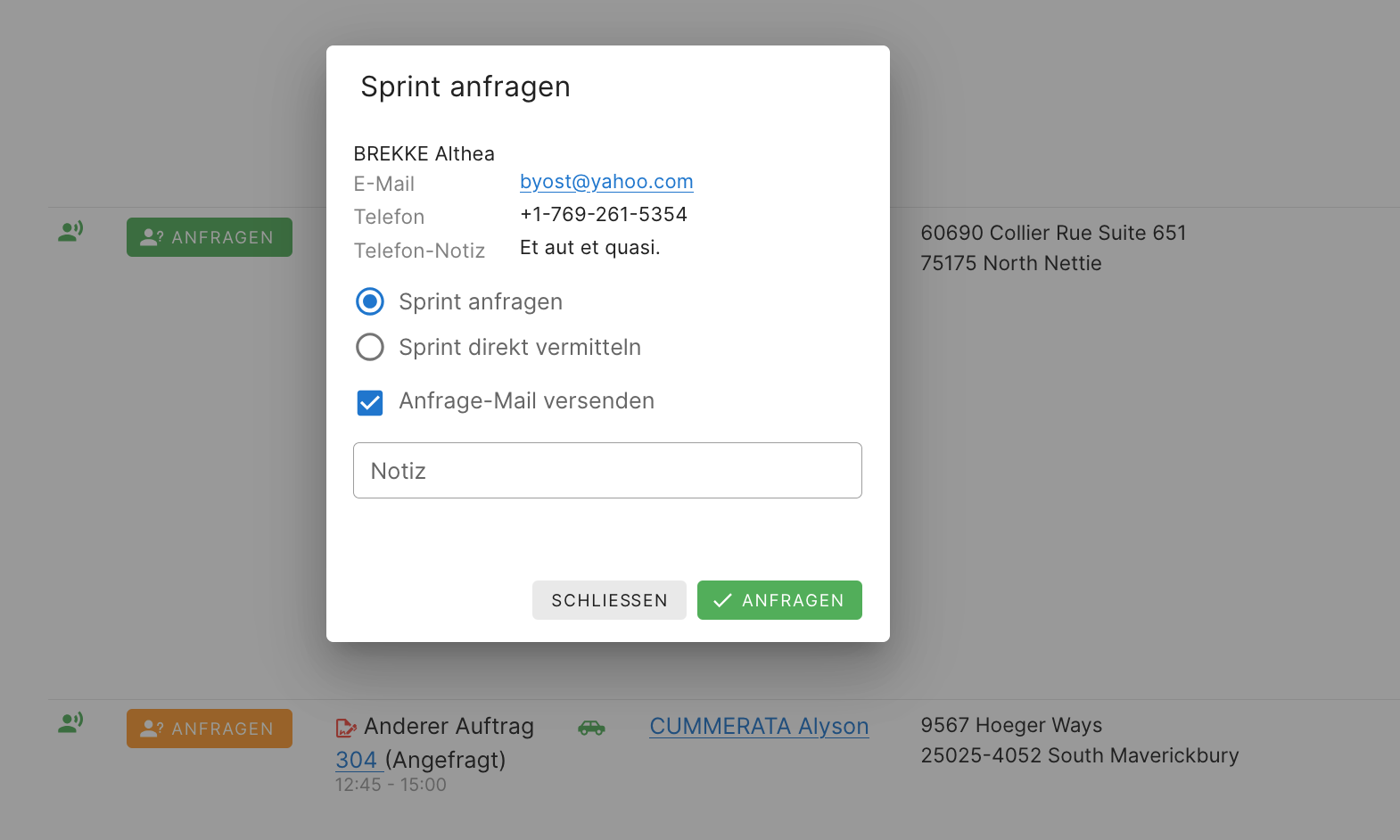 Screenshot der dolmatcher.app Oberfläche: Seitenleiste mit Menü-Einträgen "Aufträge", "Sprachmittler", "Auftraggeber"... Tabellenansicht mit einer Liste an Aufträgen.