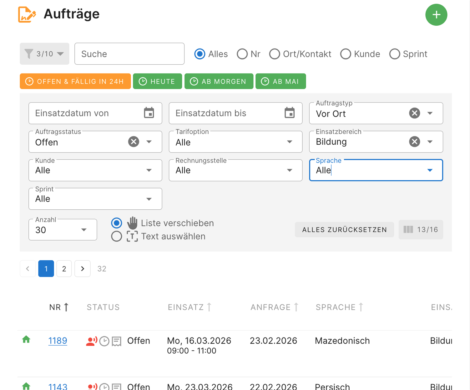 Screenshot der dolmatcher.app Oberfläche: Umfangreiche Filtermöglichkeiten der Auftragsliste
