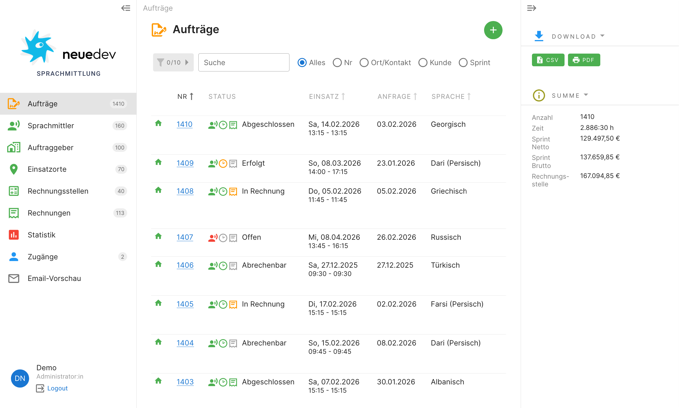 Screenshot der dolmatcher.app Oberfläche zur Verwaltung von Sprachmittler-Einsätzen