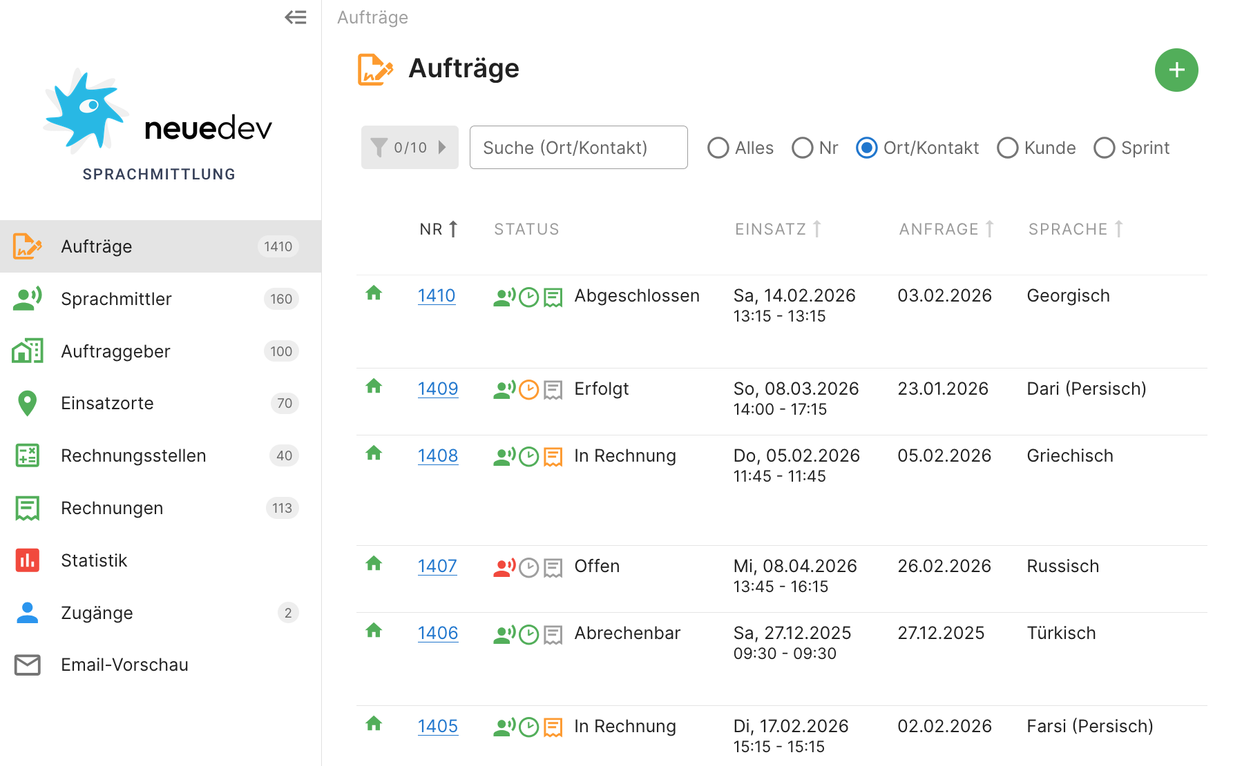 Screenshot der dolmatcher.app Oberfläche: Seitenleiste mit Menü-Einträgen "Aufträge", "Sprachmittler", "Auftraggeber"... Tabellenansicht mit einer Liste an Aufträgen.